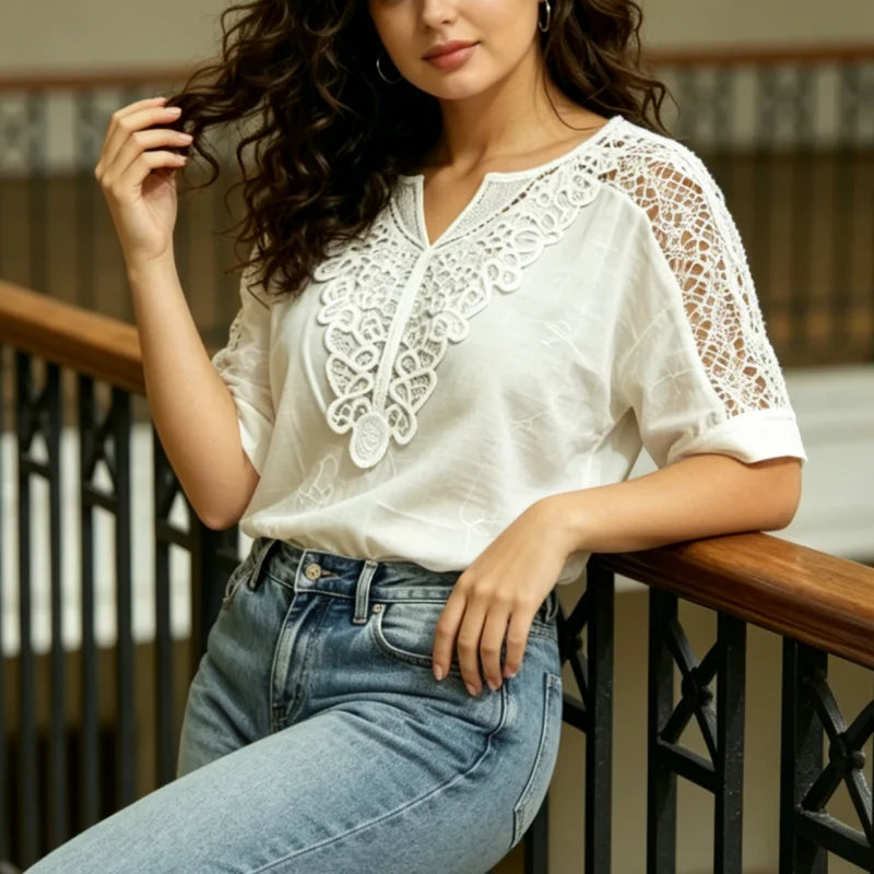 White Lace Short Sleeved Top