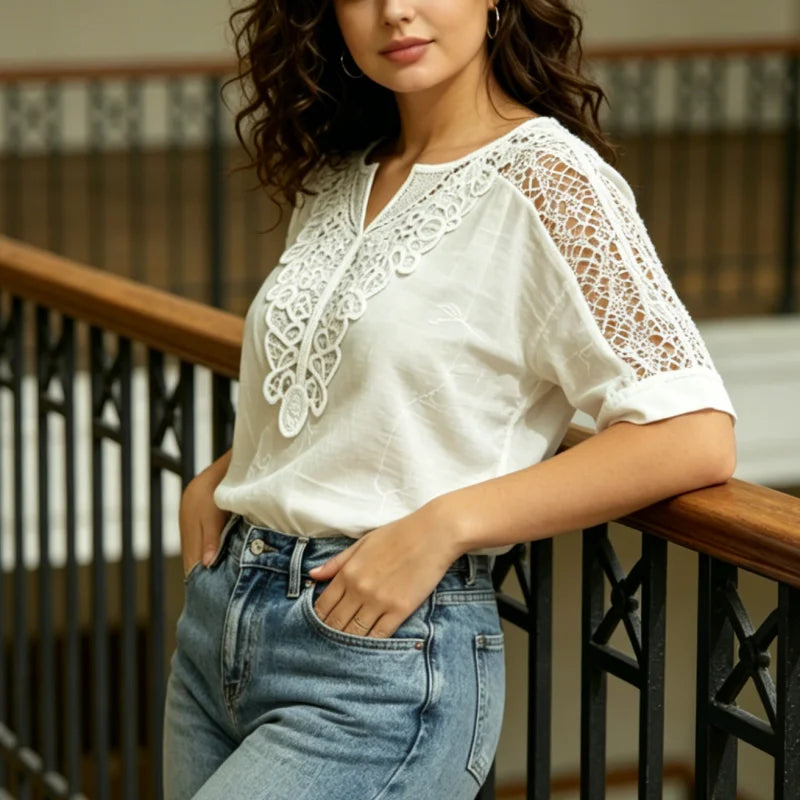 White Lace Short Sleeved Top